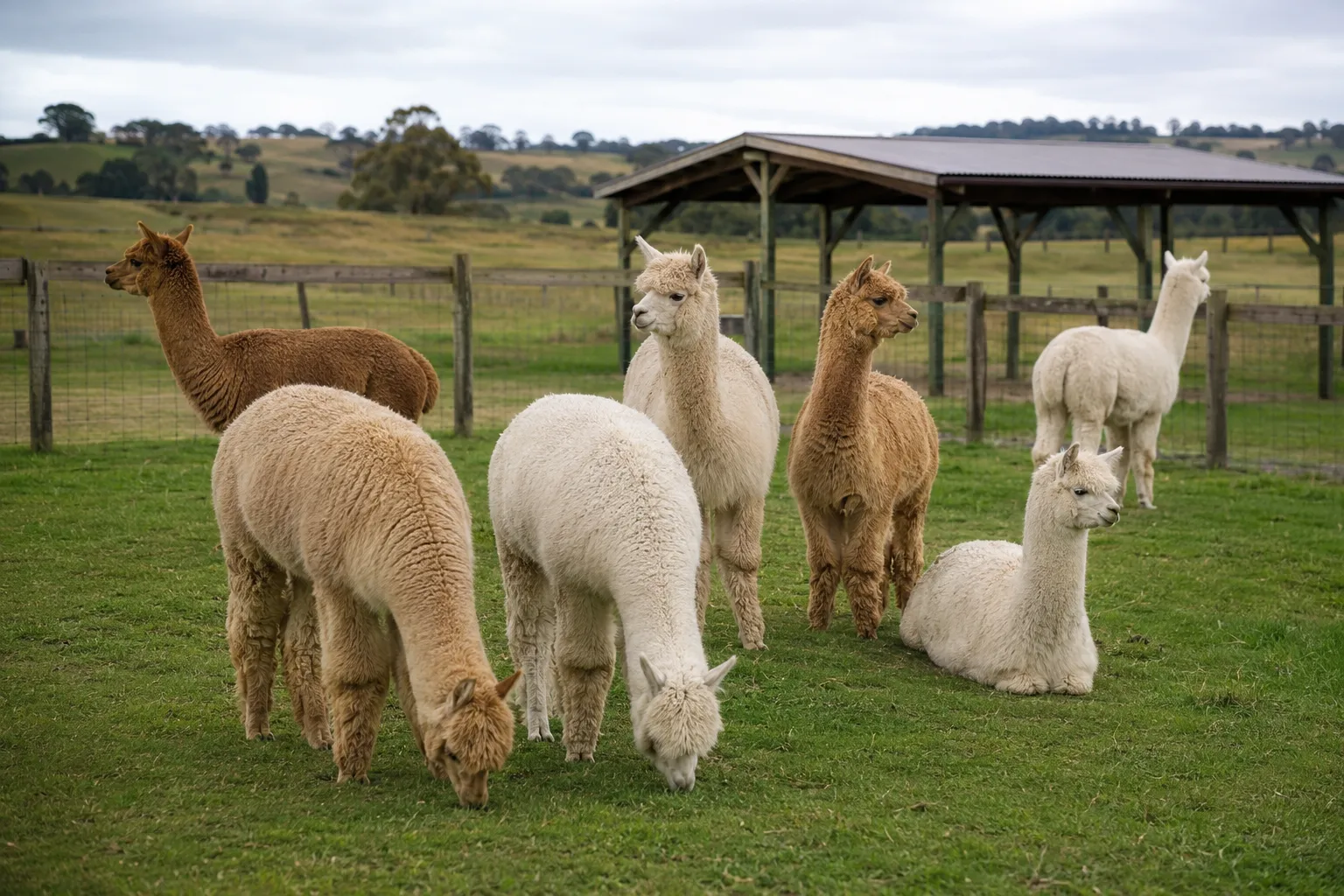 A small herd of alpacas grazing and resting together in a fenced pasture with a shelter in the background
