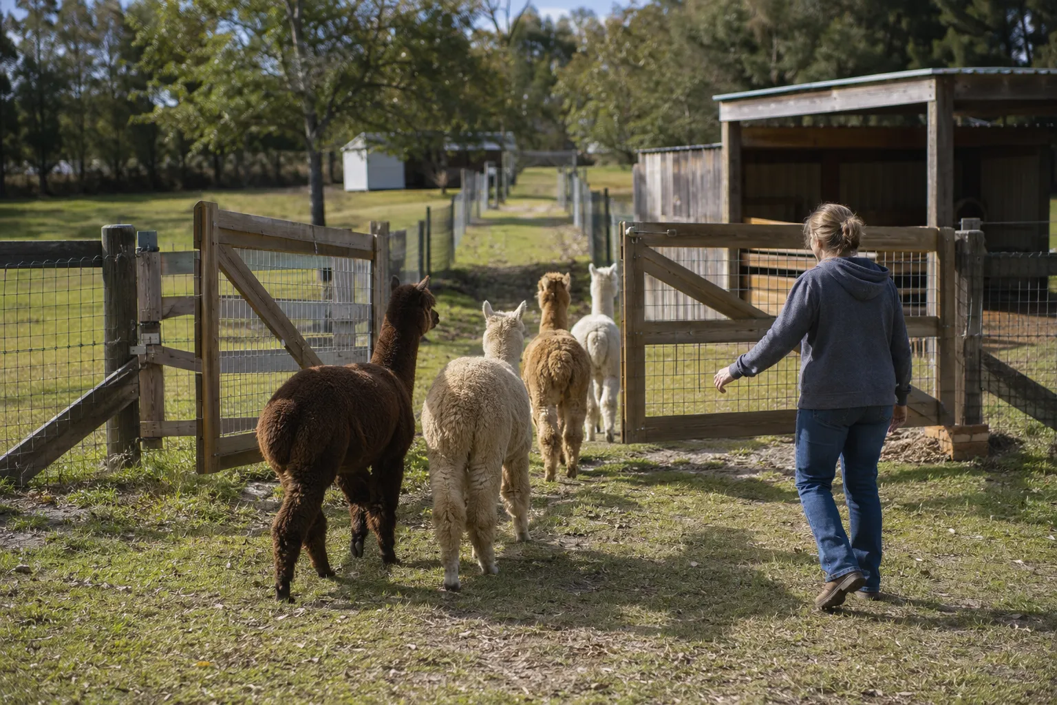 A farm owner calmly guiding a small group of alpacas together through a wide open gate