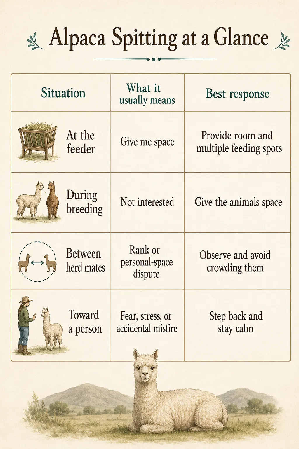 Infographic chart explaining common alpaca spitting situations, their meanings, and calm responses