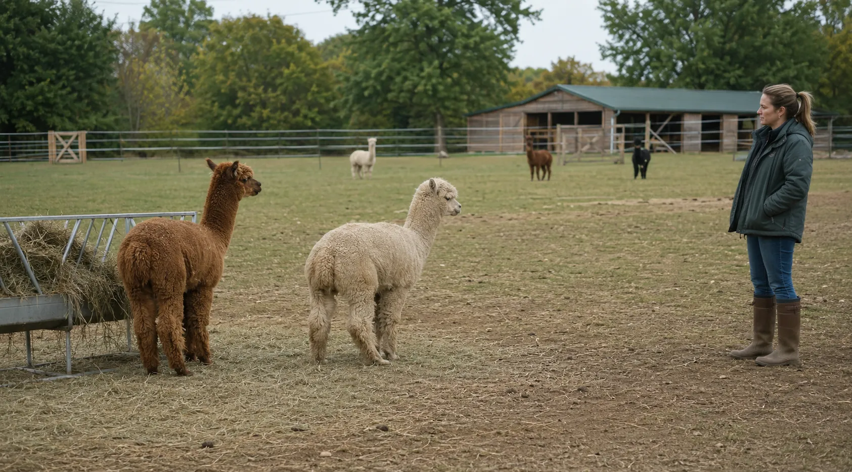 A farm owner giving two alpacas room while they have a small disagreement near a hay feeder
