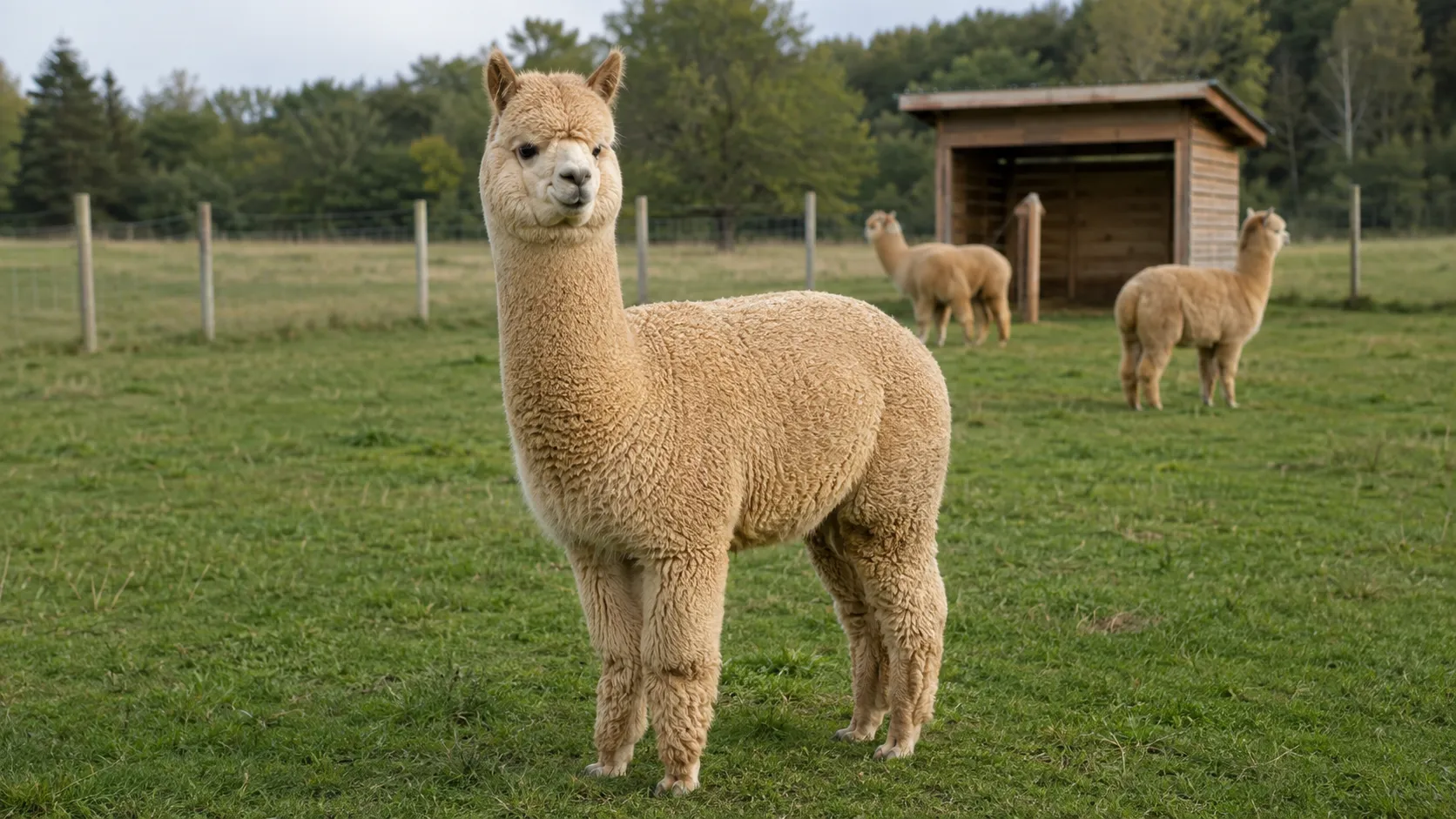 A light-fawn adult Huacaya alpaca standing in a pasture with other Huacayas behind it