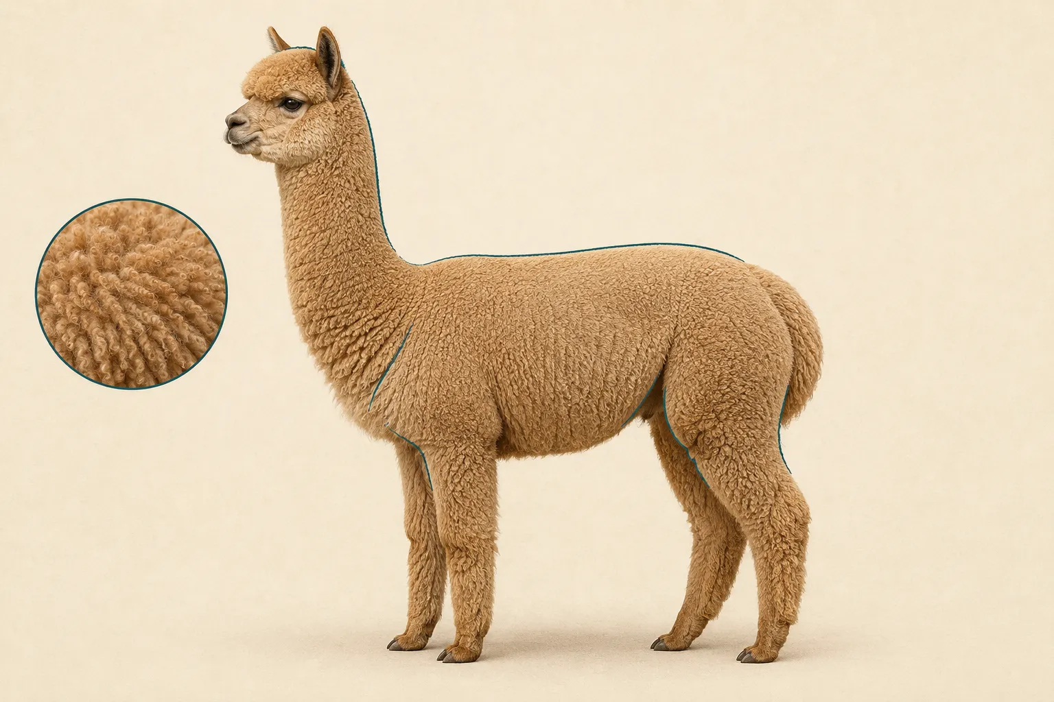 Side profile of a Huacaya alpaca with subtle highlights around its rounded fleece outline