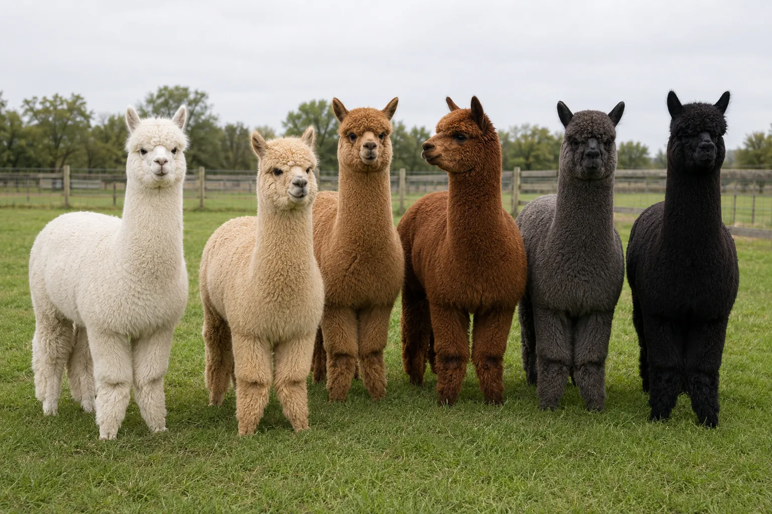 A herd of Huacaya alpacas displaying white, fawn, brown, gray, and black fleece colors