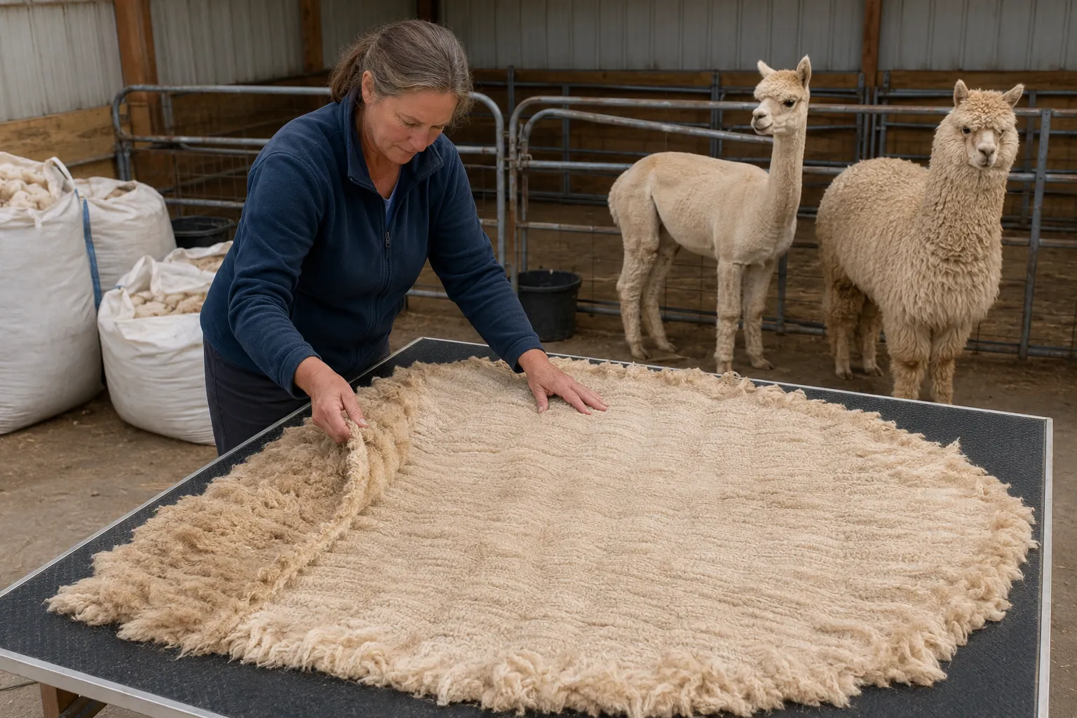 A Huacaya fleece being spread and sorted on a clean skirting table after shearing
