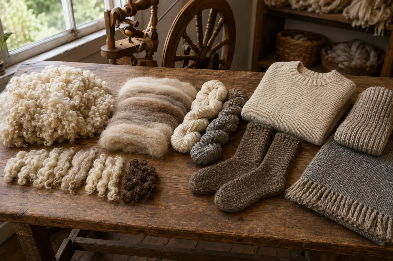 Huacaya fleece progressing to prepared fiber, yarn, a sweater, scarf, socks, and woven throw