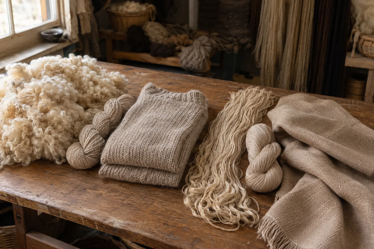 Huacaya and Suri fleece shown with yarn and finished alpaca garments
