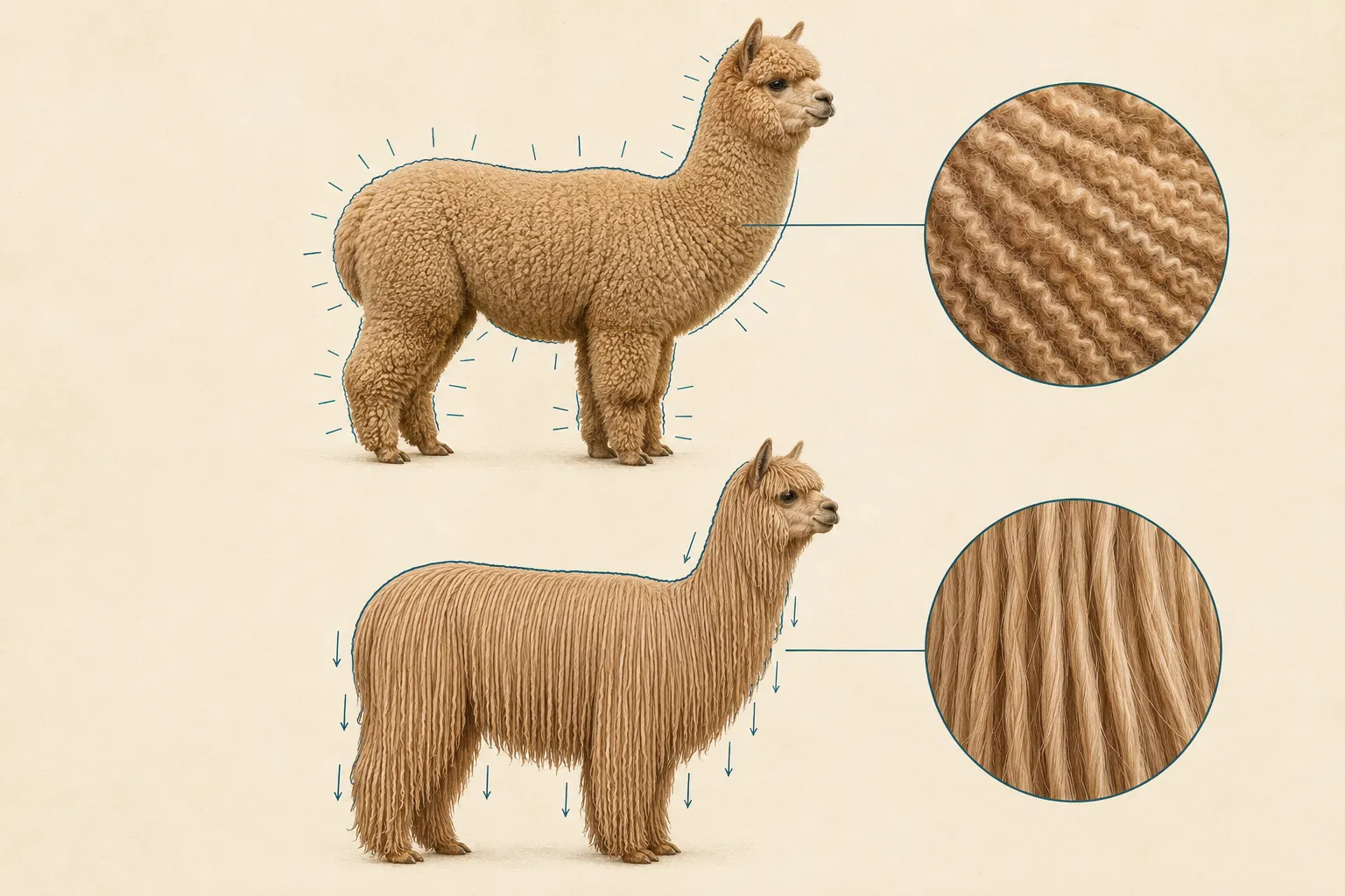 Illustrated comparison of Huacaya fleece growing outward and Suri locks hanging downward