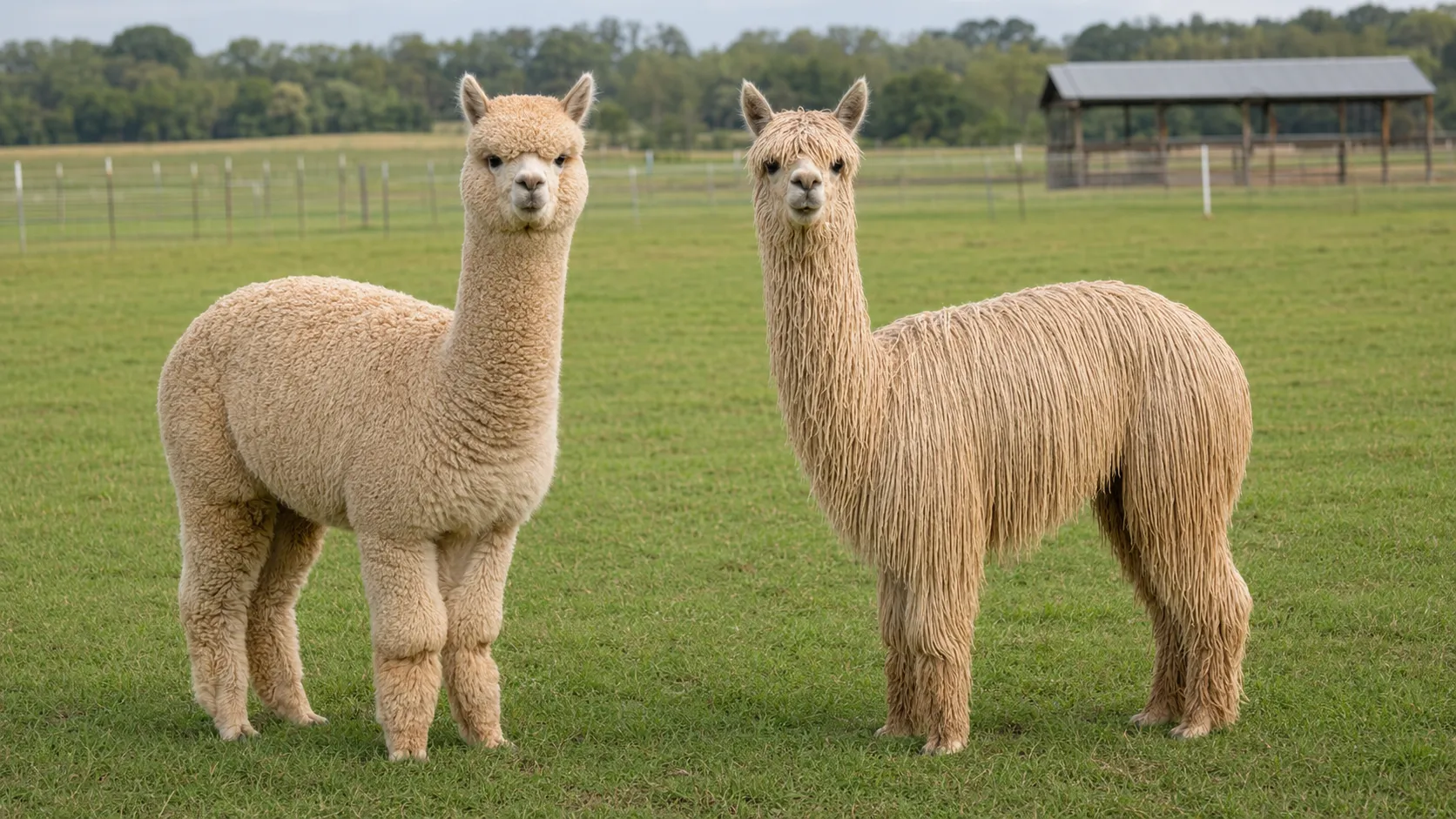 A Huacaya alpaca and a Suri alpaca standing side by side in a pasture