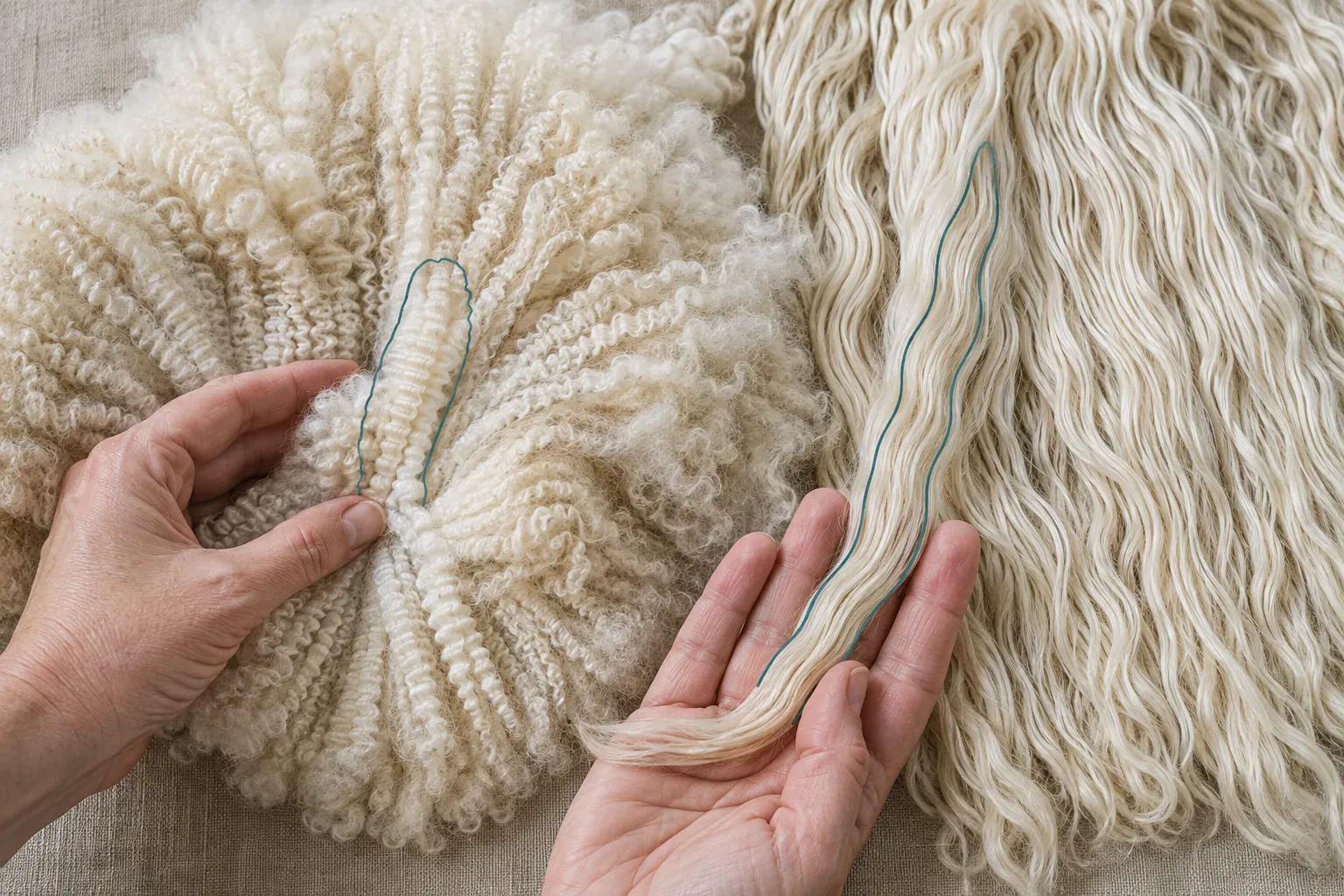 Close comparison of crimped Huacaya fleece and lustrous Suri locks