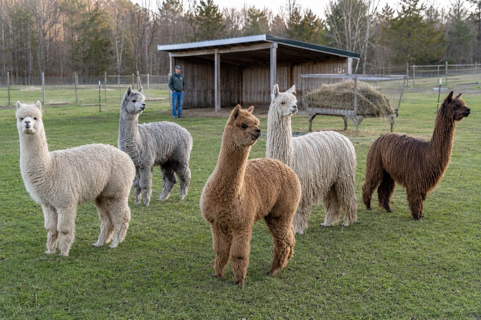 A mixed herd of Huacaya and Suri alpacas on a small American farm