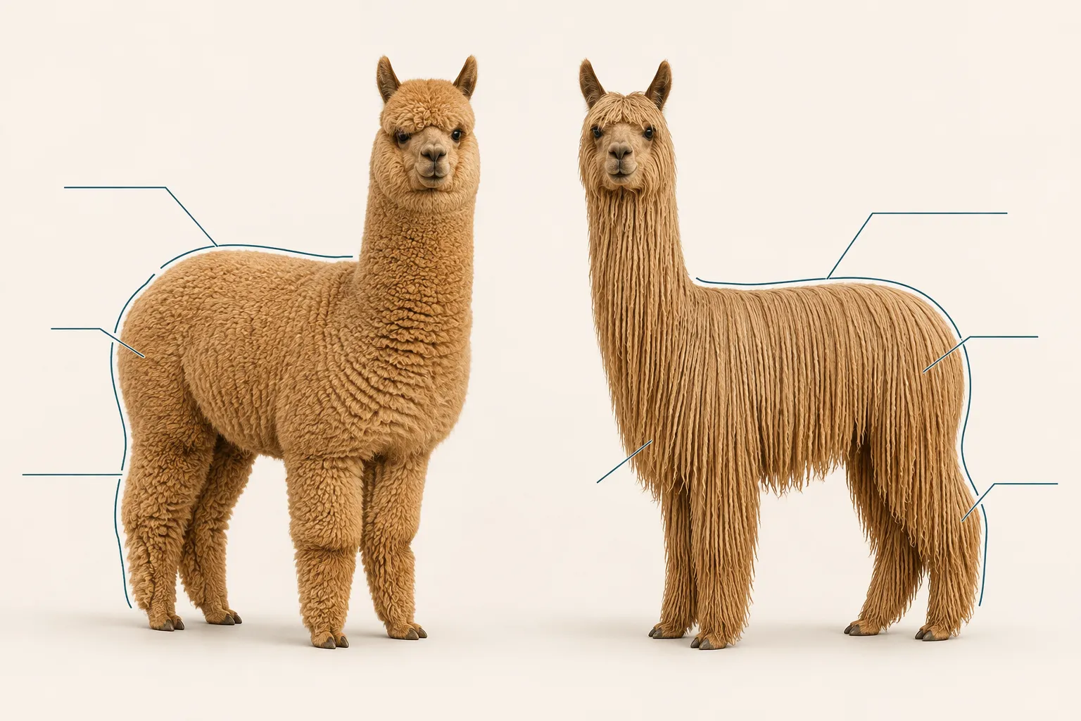 Full-body comparison of a Huacaya alpaca and a Suri alpaca with the same fleece color