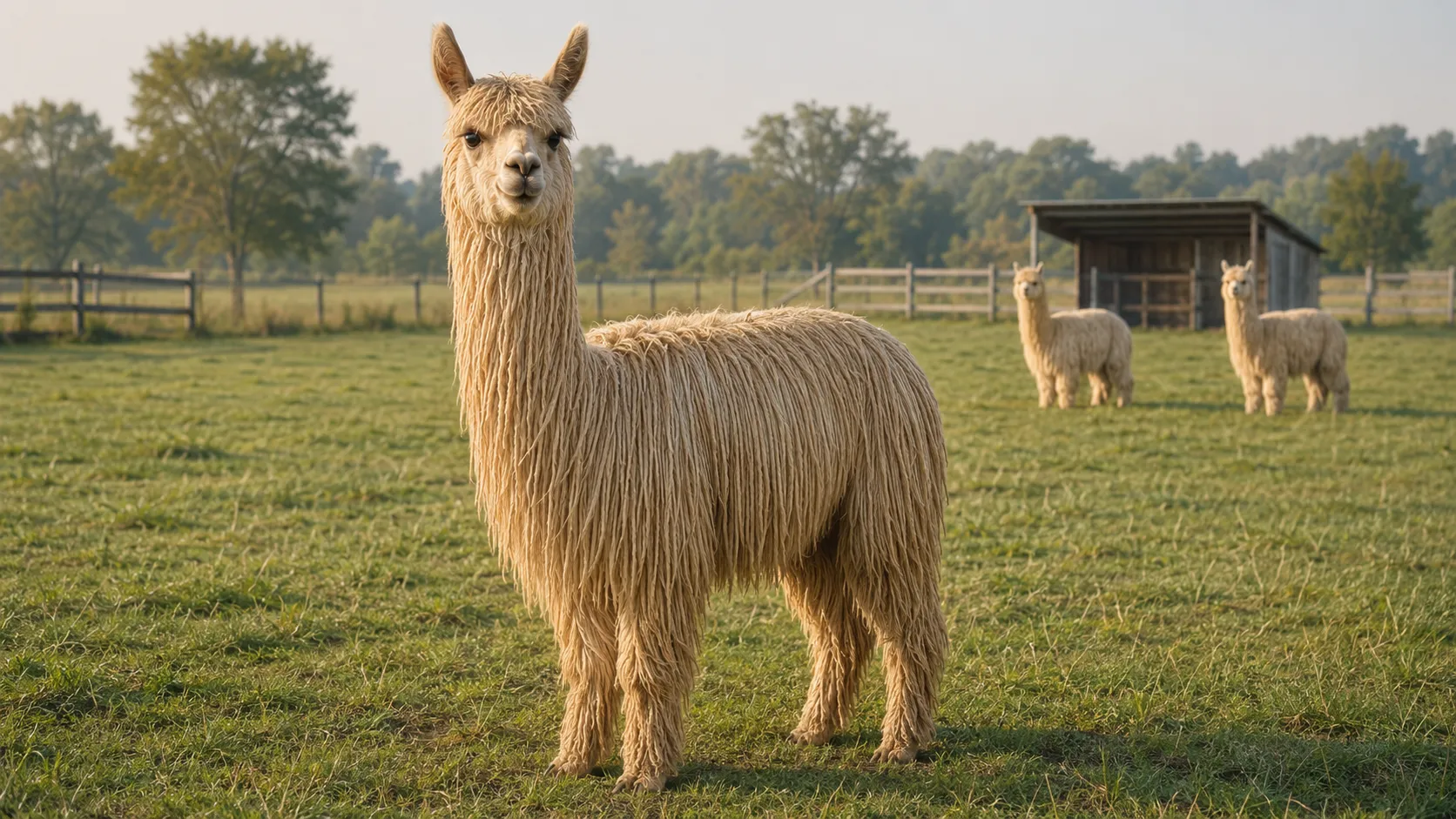 A light-fawn adult Suri alpaca standing in a pasture with other Suris behind it