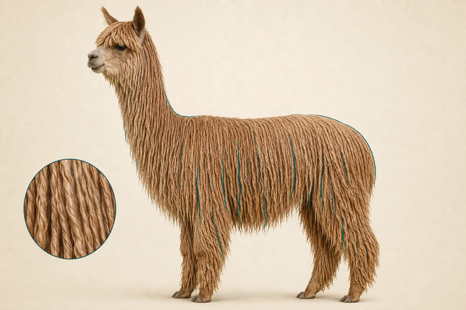Side profile of a Suri alpaca with subtle highlights following its downward-hanging fleece