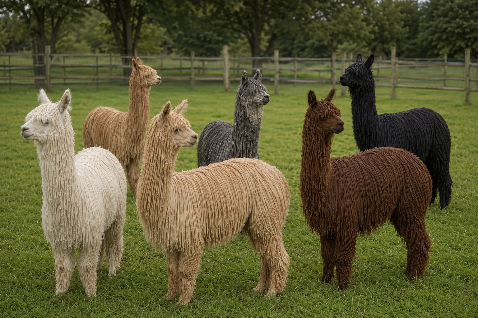 A herd of Suri alpacas displaying white, fawn, brown, gray, and black fleece colors