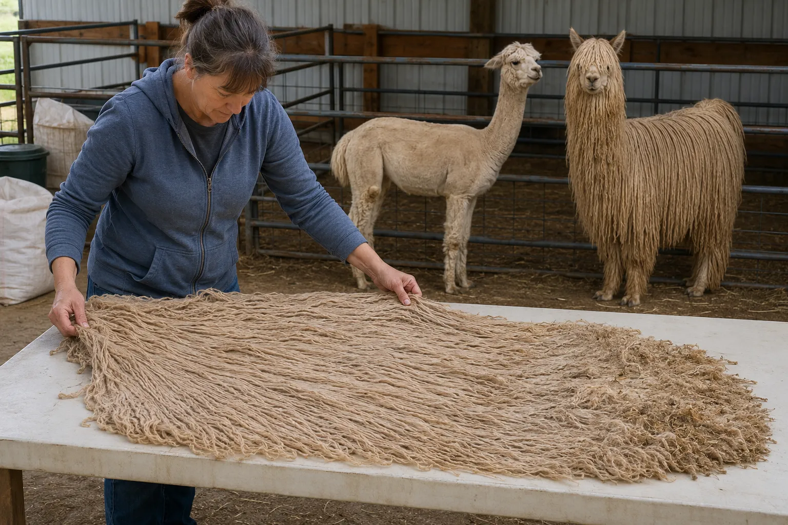 A freshly shorn Suri fleece being carefully spread and sorted on a clean skirting table