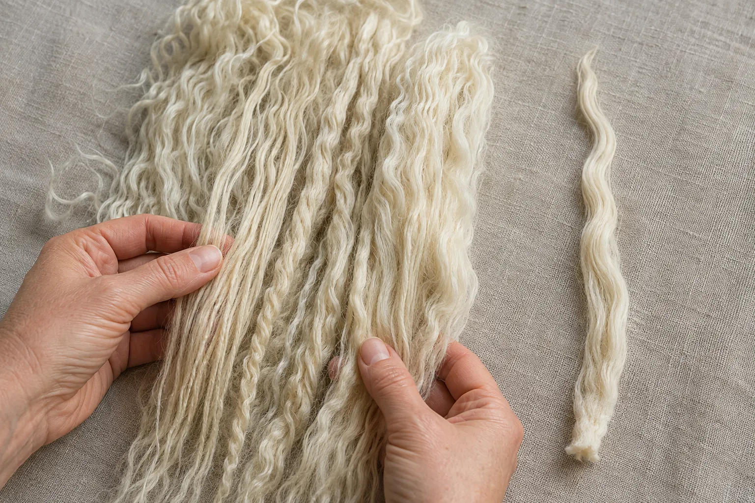 Hands examining clean Suri fleece with distinct locks and visible natural luster