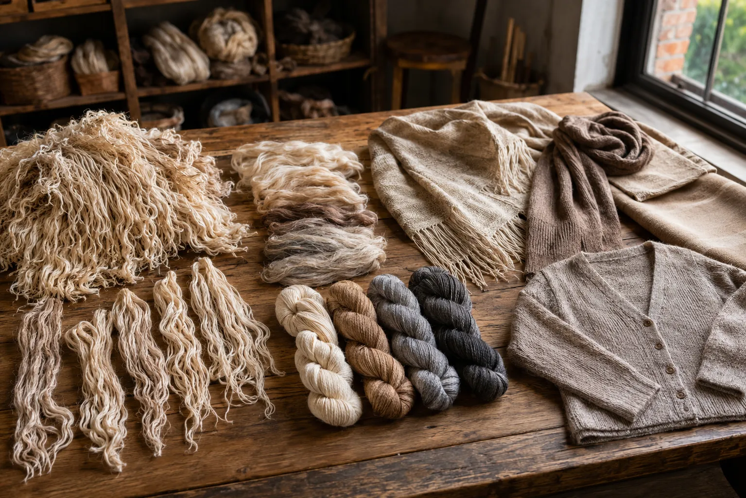 Suri locks progressing to prepared fiber, lustrous yarn, a woven wrap, scarf, cardigan, and folded textile