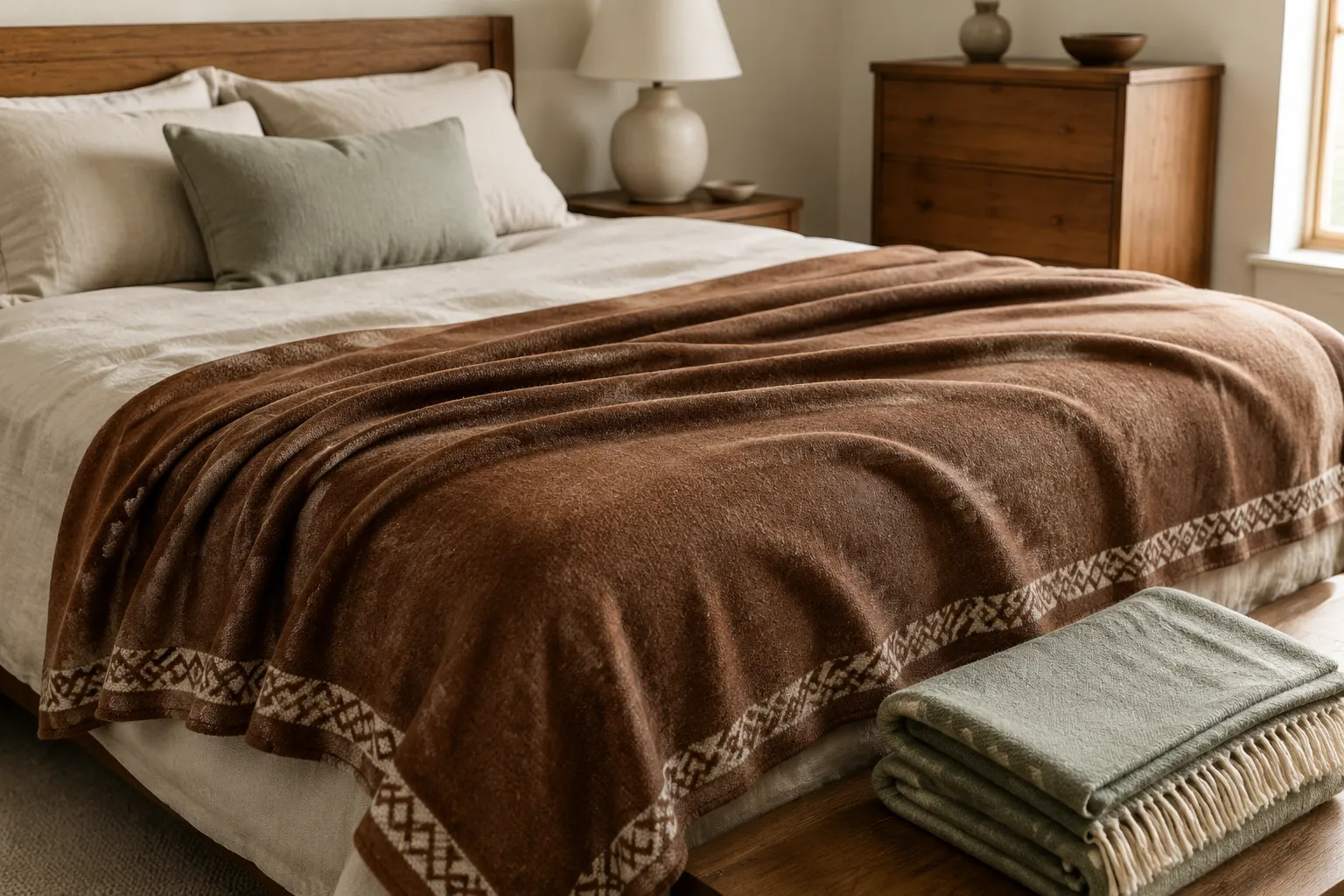 Large natural brown alpaca bed blanket with a cream border and muted sage throw on a neatly made bed