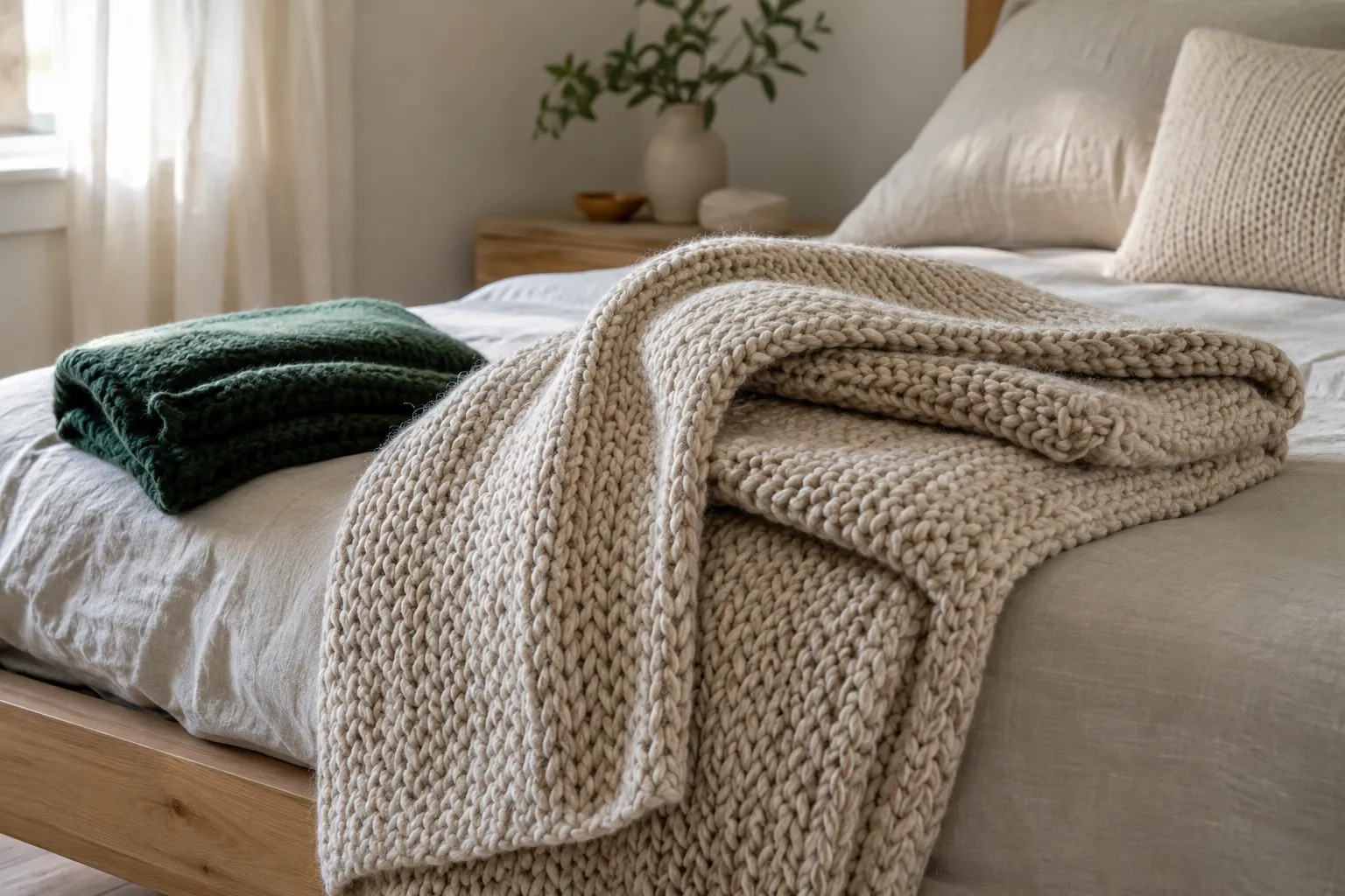 Oatmeal chunky-knit alpaca blanket on a bed with a smaller deep green blanket nearby