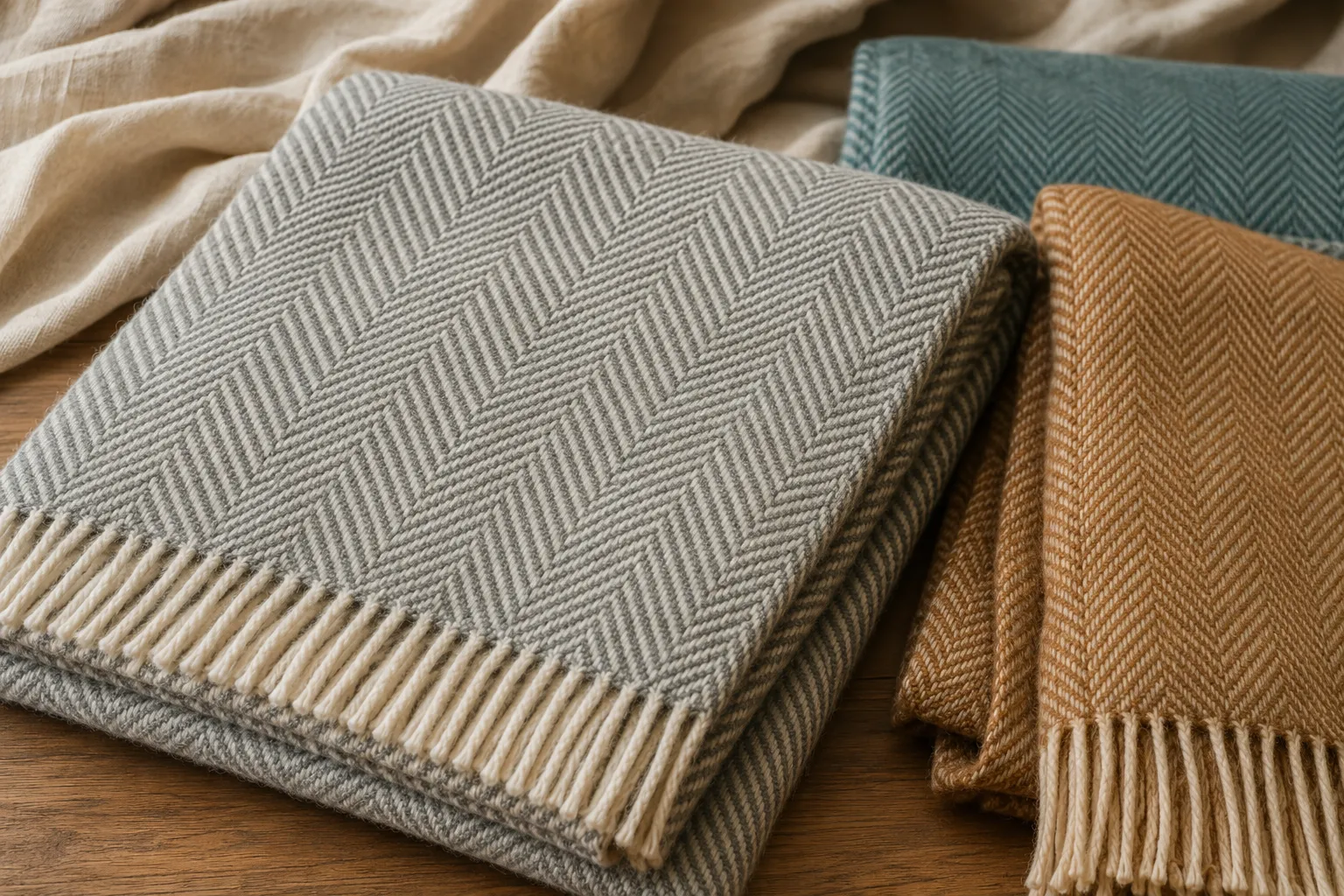 Gray, cream, camel, and muted teal alpaca herringbone blankets folded on a wood surface