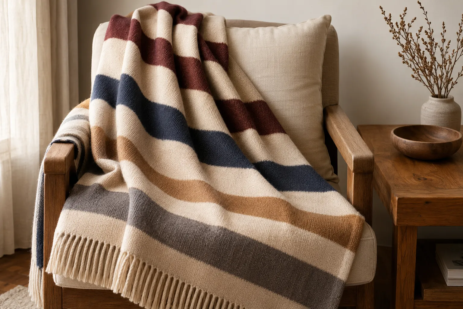 Cream alpaca blanket with muted burgundy, navy, camel, and gray stripes draped over an armchair