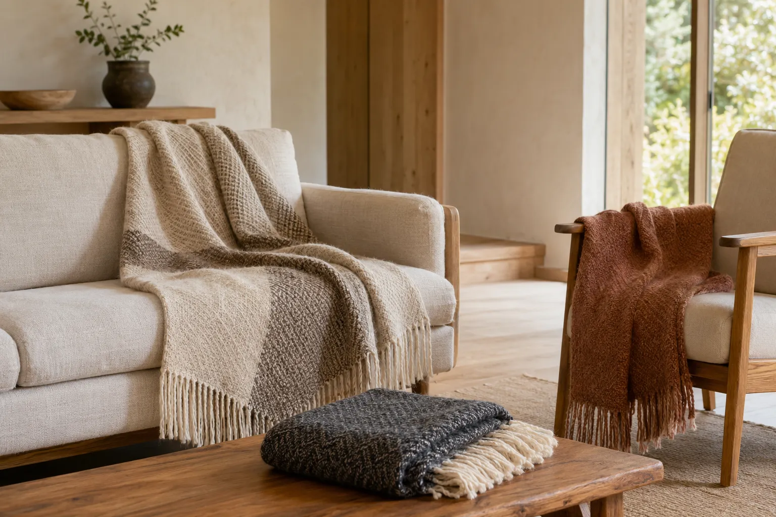 Woven alpaca throws in cream, charcoal, and muted rust arranged in a warm living room