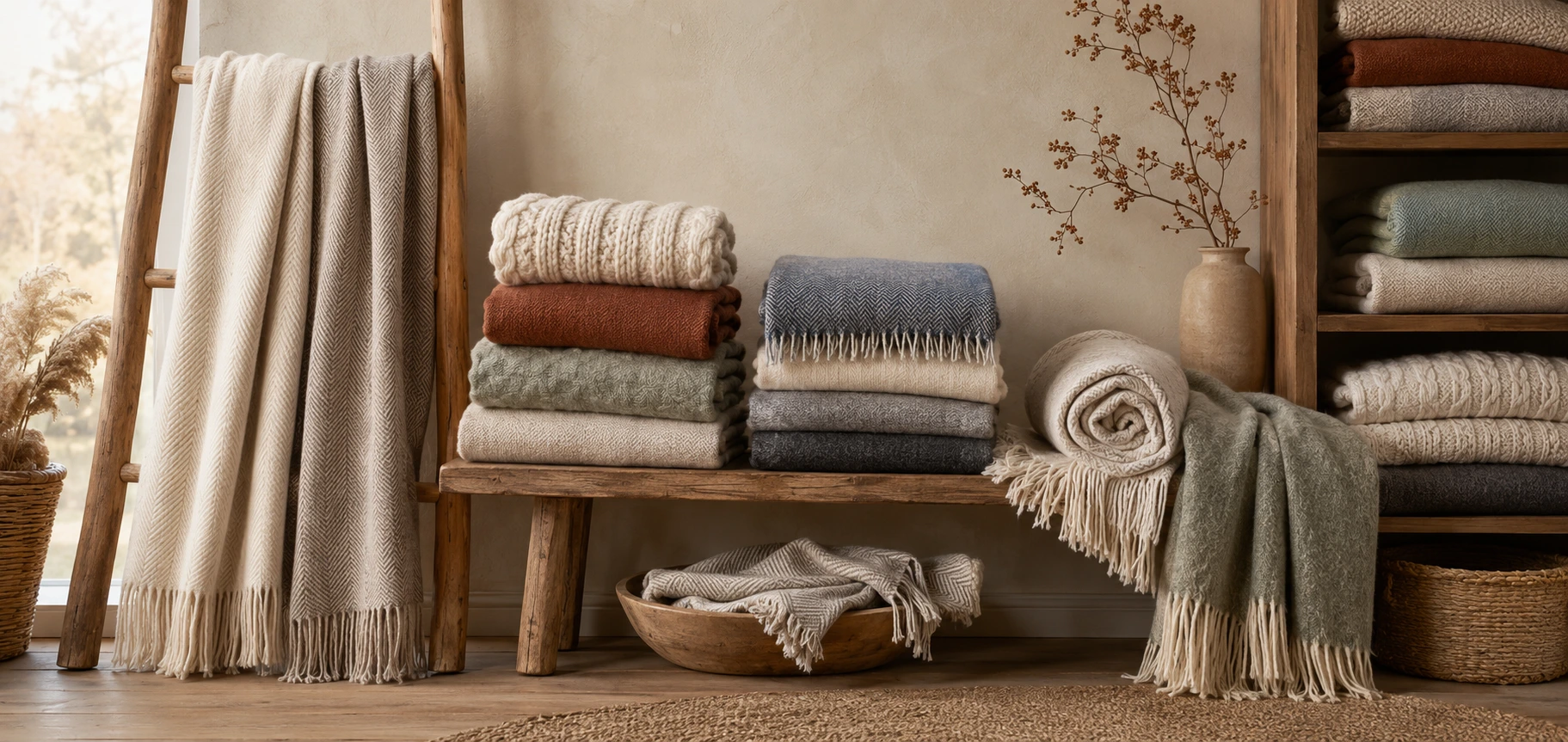 Alpaca blankets and throws folded on shelves and draped over a wooden ladder