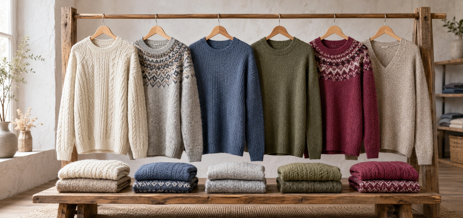 A wooden rack displaying alpaca knit jumpers in cream, gray, blue, green, burgundy, and oatmeal
