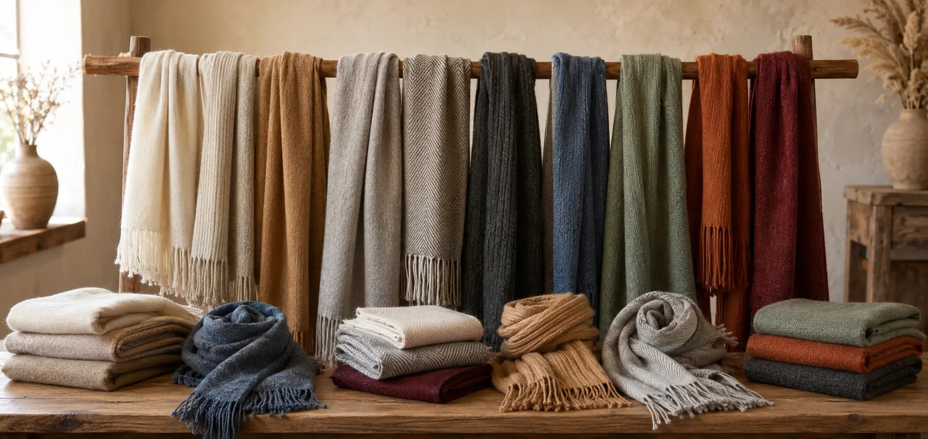 A wide display of alpaca scarves in cream, camel, gray, charcoal, blue, sage, rust, and burgundy