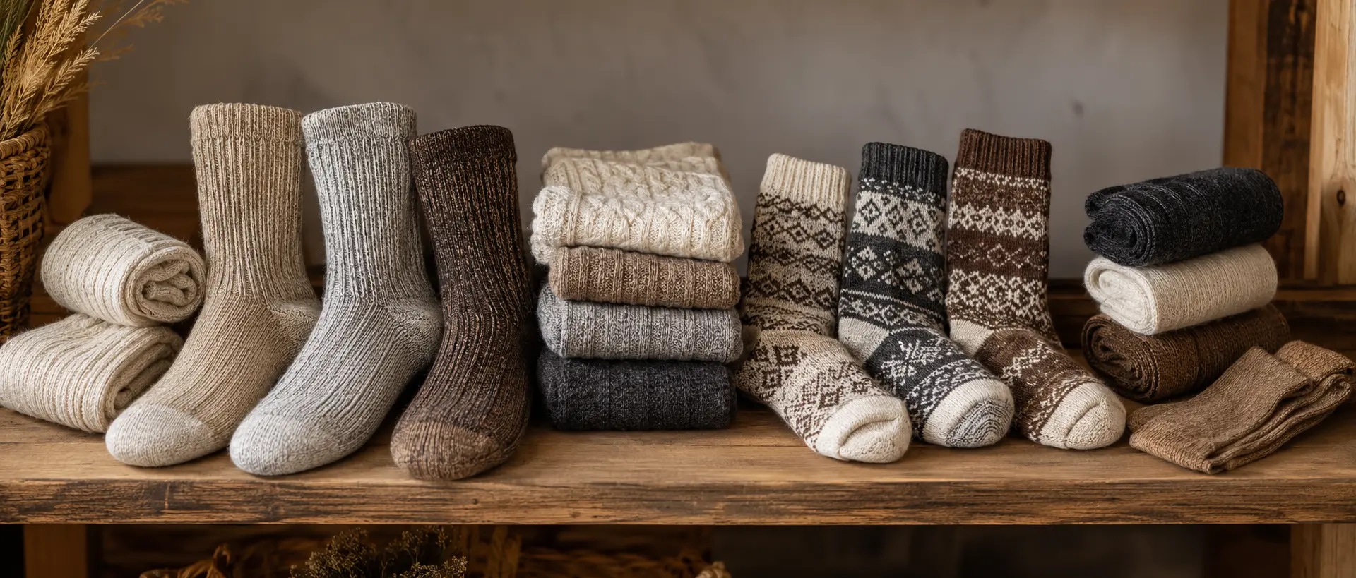 Alpaca socks in natural colors, including ribbed crew socks, folded pairs, and patterned winter socks