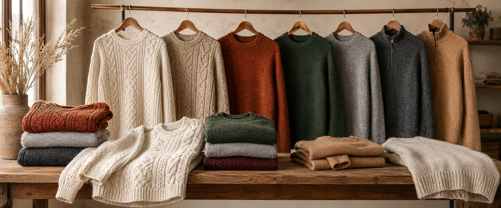 Alpaca sweaters in natural and muted dyed colors displayed in a boutique setting