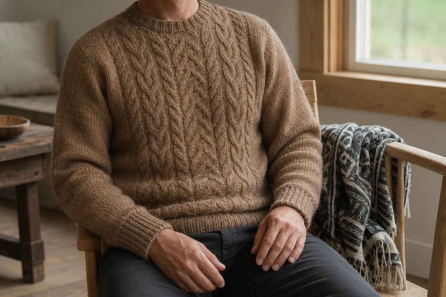 Adult wearing a fawn brown alpaca cable-knit pullover with ribbed cuffs and crew neck