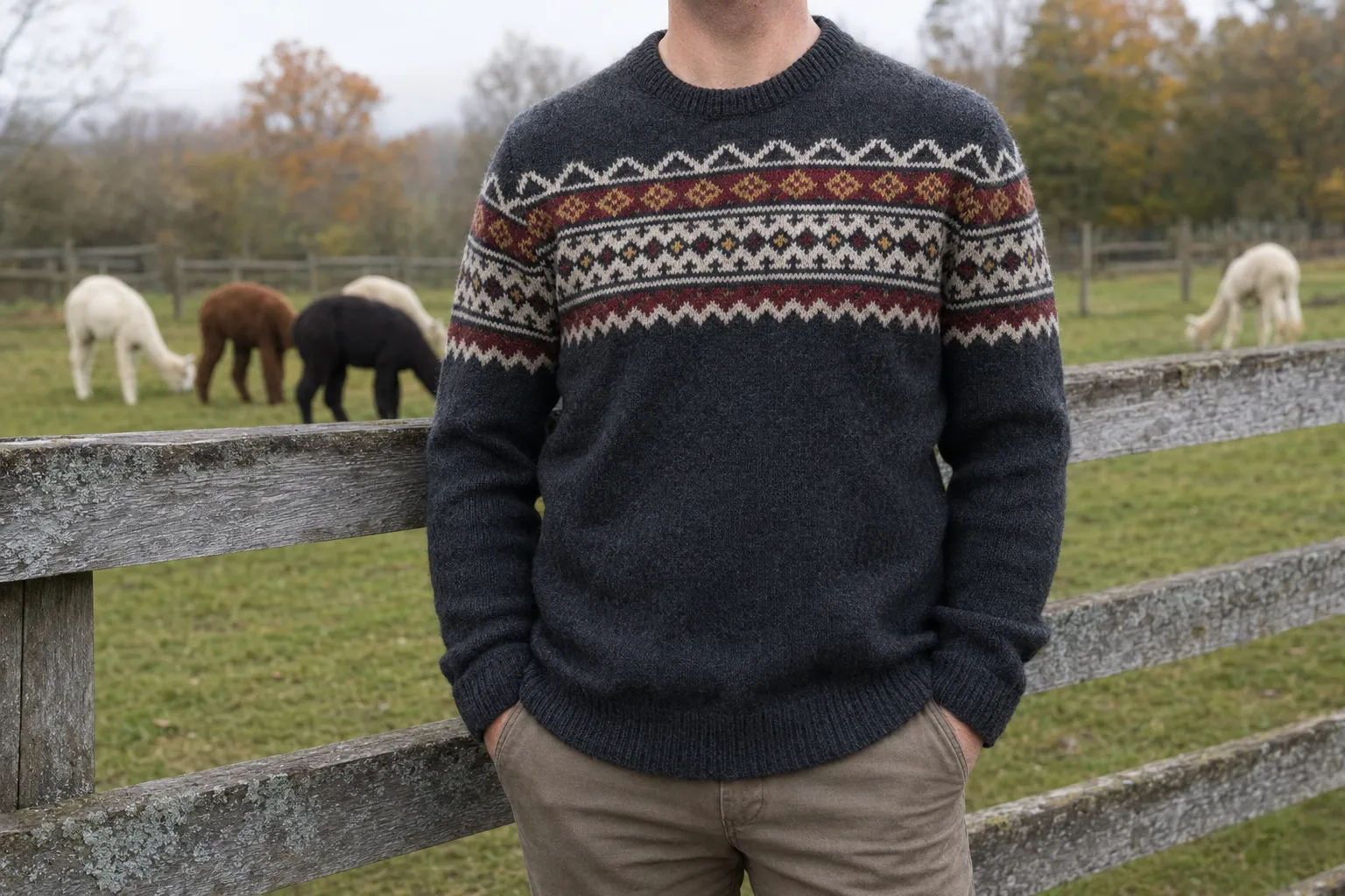 Adult wearing a charcoal alpaca-blend colorwork jumper near a pasture with distant alpacas
