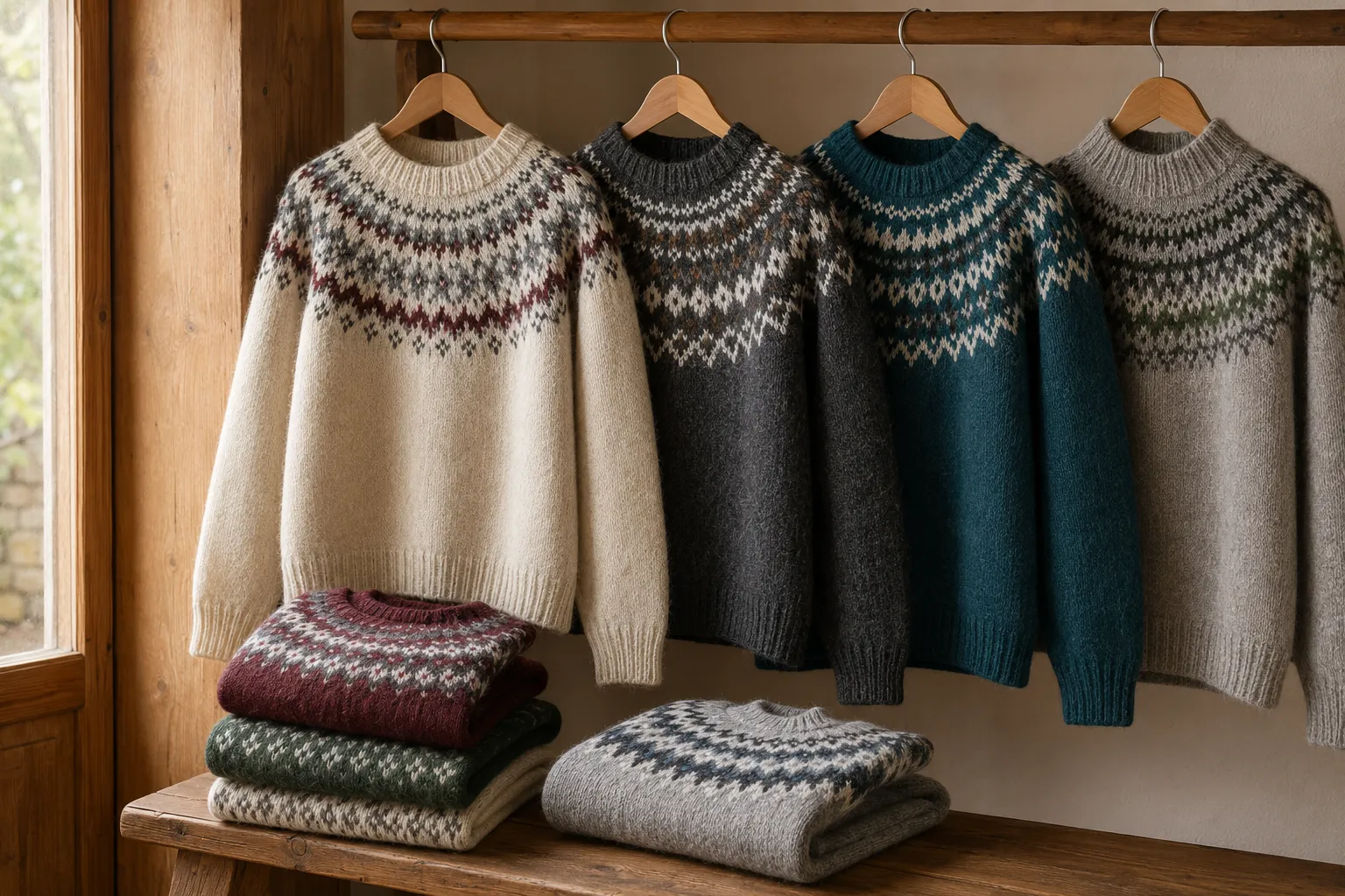 Alpaca Fair Isle jumpers with colorful patterned yokes in cream, charcoal, burgundy, teal, and green