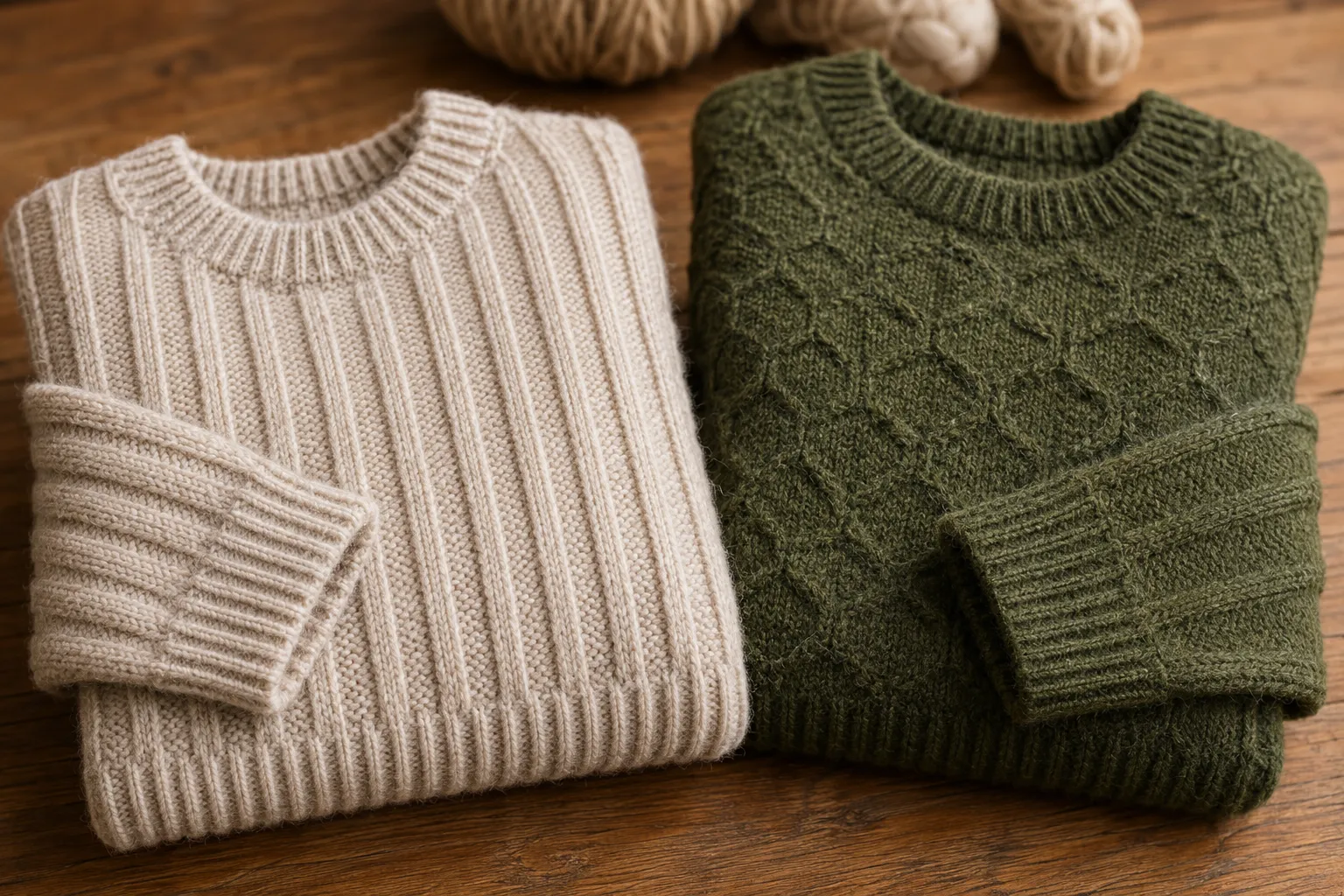 Oatmeal ribbed and deep moss-green textured alpaca jumpers folded on a wood table