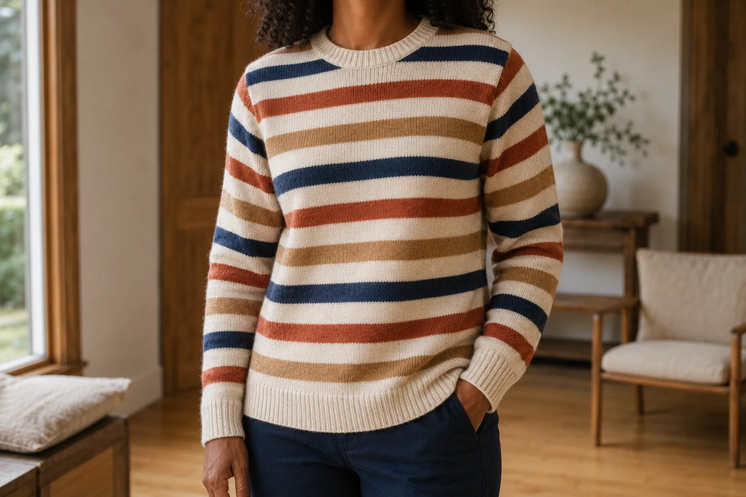 Adult wearing a striped alpaca-blend jumper in cream, camel, muted rust, and navy