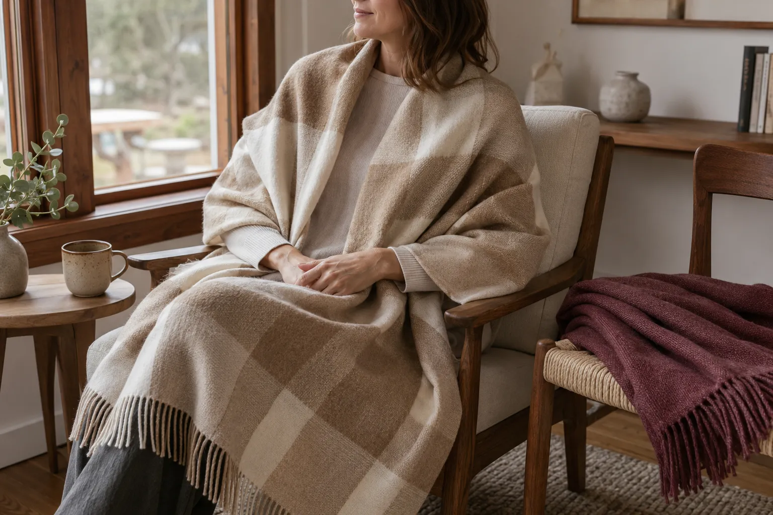 Adult wearing a cream-and-camel alpaca wrap, with a muted burgundy shawl nearby