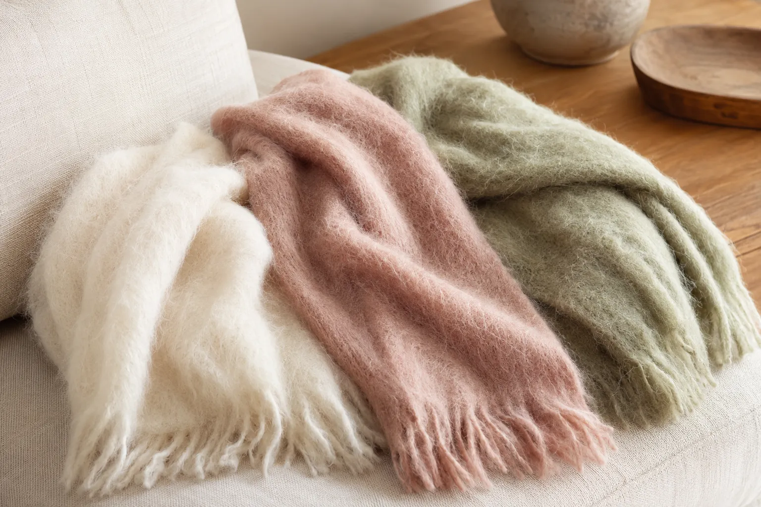 Cream, dusty rose, and muted sage brushed alpaca scarves arranged on a linen chair