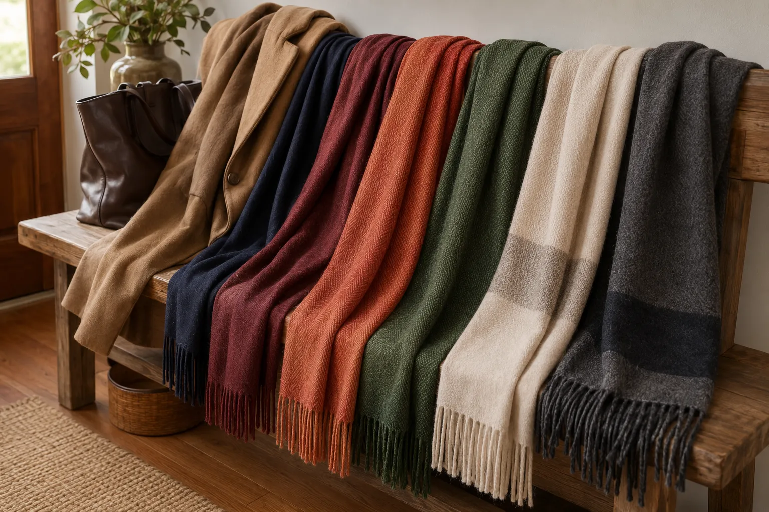 Long fringed alpaca scarves in navy, burgundy, rust, forest green, cream, and charcoal