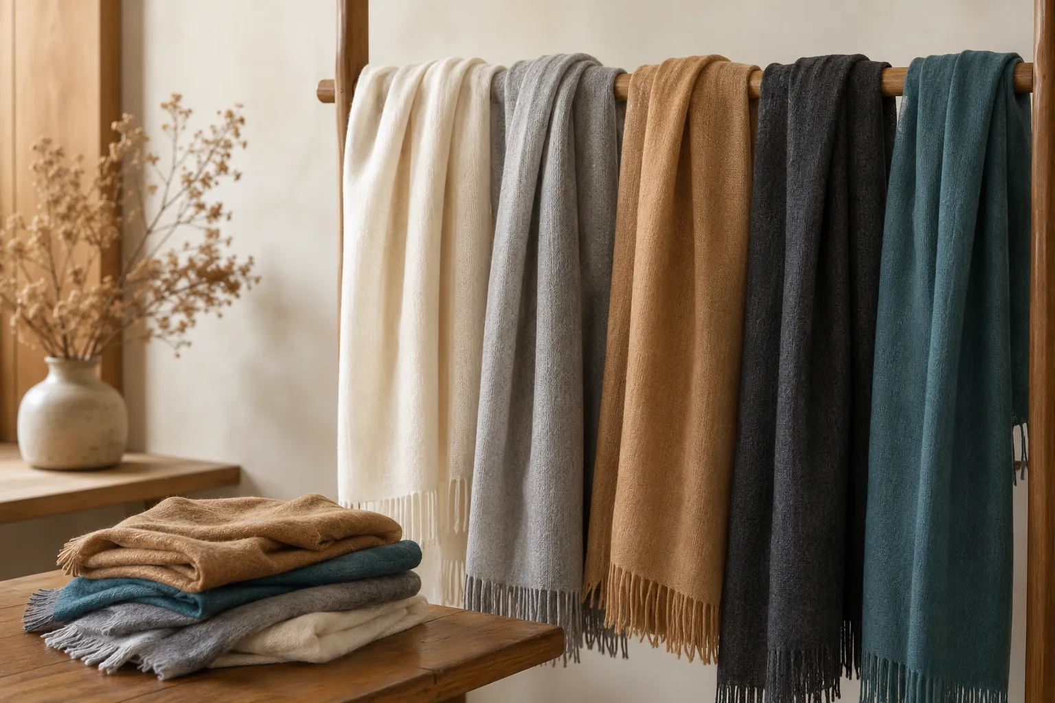 Fine woven alpaca scarves in cream, gray, camel, charcoal, and deep teal draped on a wooden rail