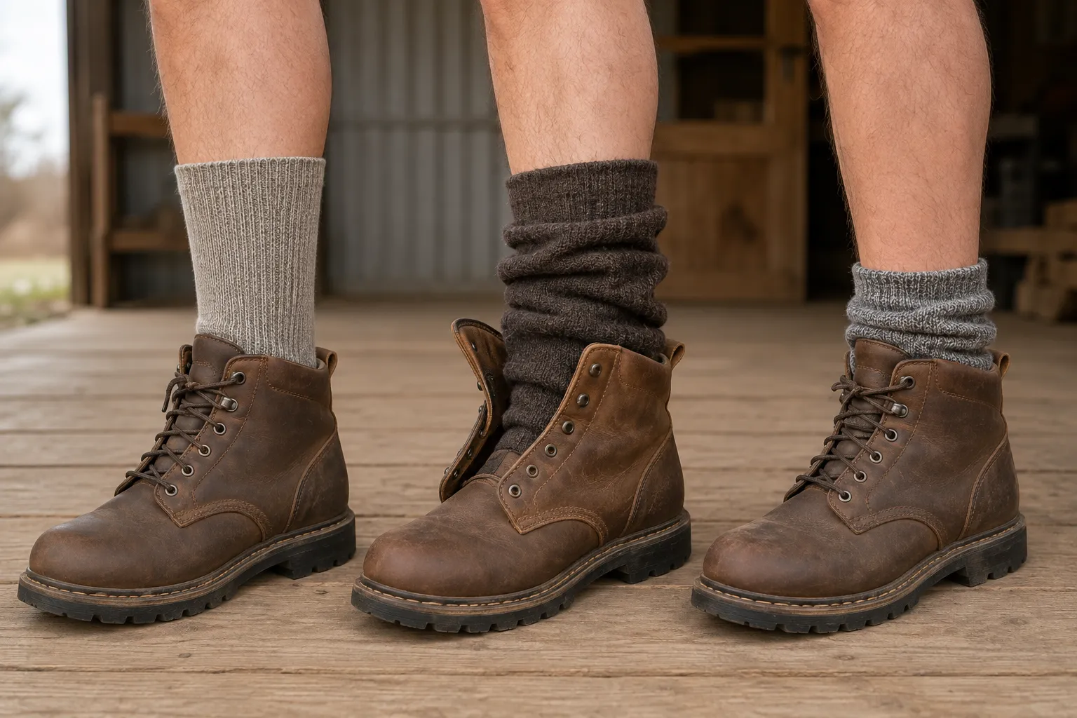 Three boot sock examples showing a smooth correct fit, an overly thick sock, and a loose sock folded around the ankle