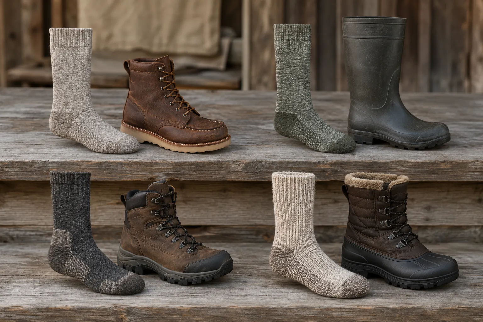Four alpaca boot sock weights and heights paired with work, rubber farm, outdoor, and insulated winter boots