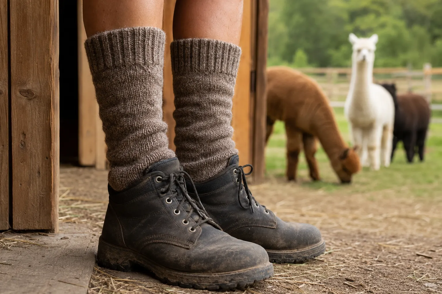 Thick brown alpaca-blend boot socks worn with durable work boots