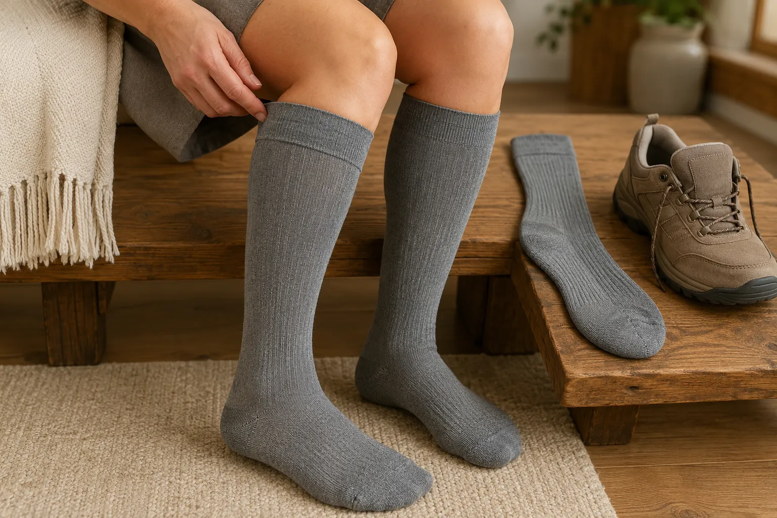 Knee-high alpaca-blend compression sock fitted smoothly below the knee with a matching sock and roomy shoe nearby