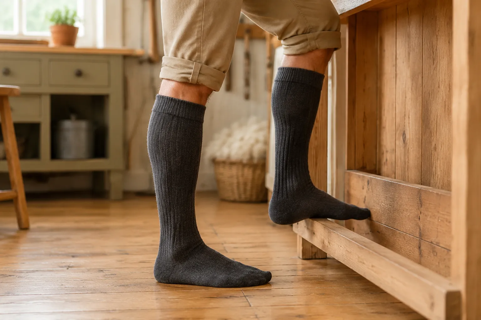 Adult wearing knee-high charcoal alpaca-blend compression socks while standing at a work surface