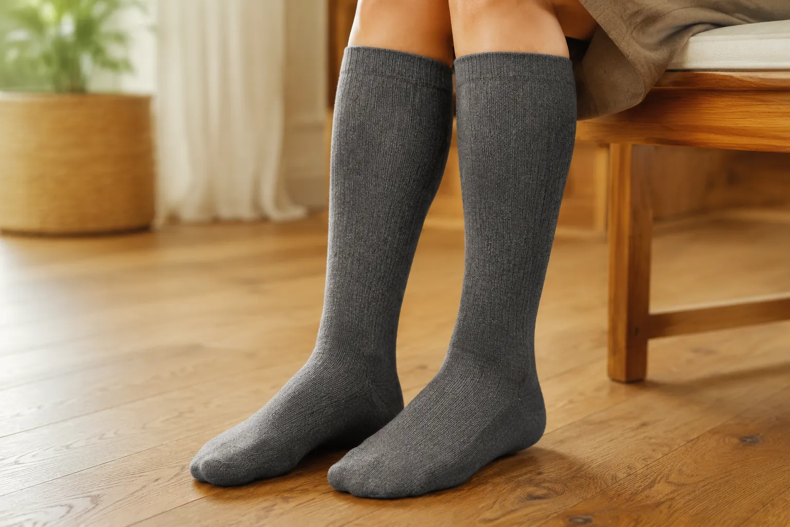 Fitted knee-high alpaca-blend compression socks worn by a seated adult
