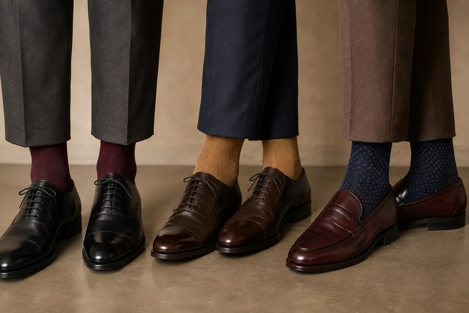 Three dress sock combinations pairing burgundy, camel, and patterned blue alpaca socks with tailored trousers and leather shoes