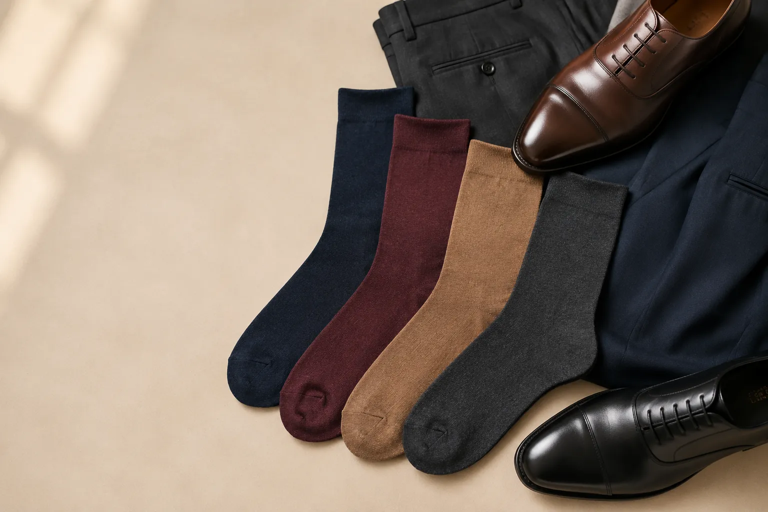 Fine-gauge alpaca dress socks in navy, burgundy, camel, and charcoal arranged with tailored trousers and leather shoes