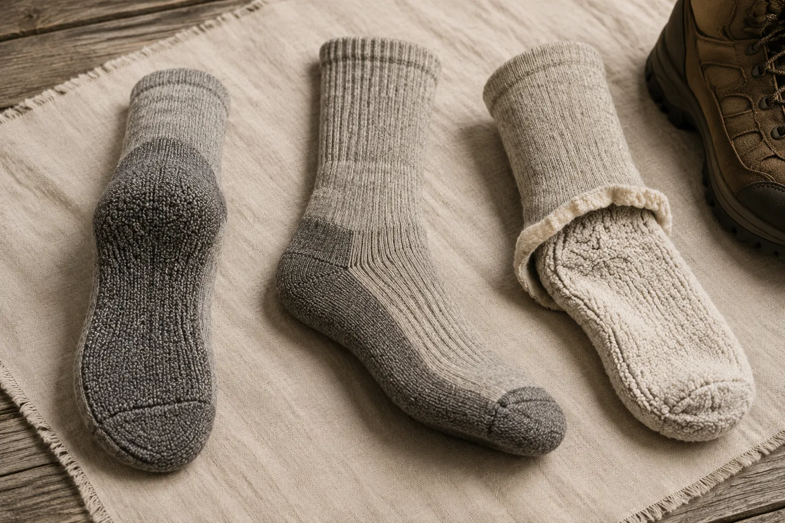 Alpaca hiking socks shown sole-up, from the side, and partly inside out to reveal cushioning and reinforcement