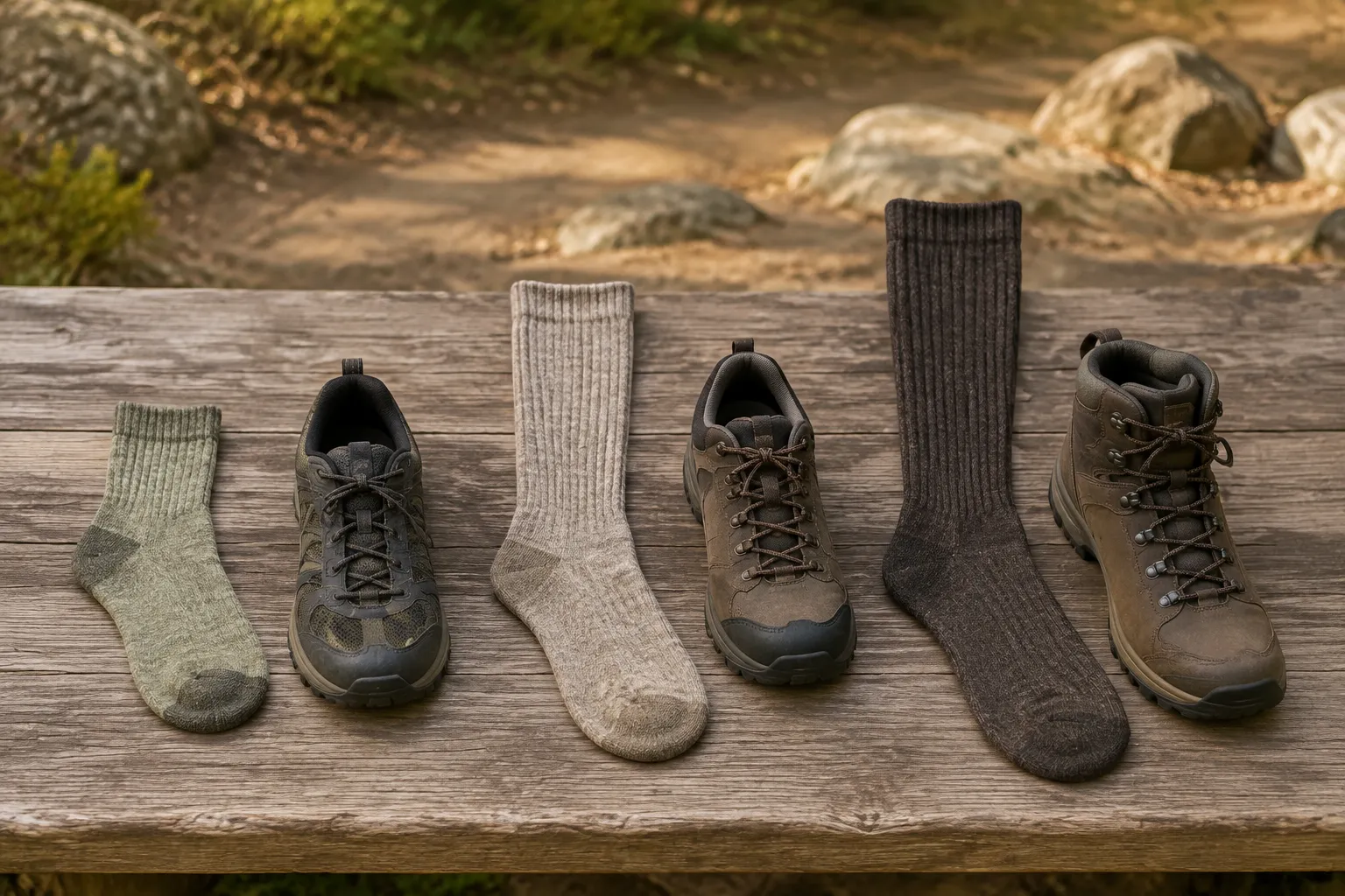 Micro-crew, crew, and boot-height alpaca hiking socks paired with increasingly taller hiking footwear